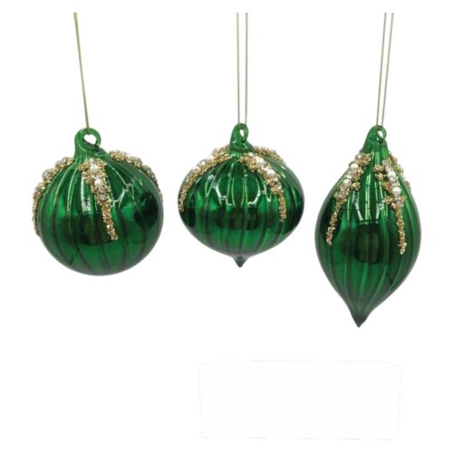 Bauble , Emerald Green with Gold Beading, 3 Asst