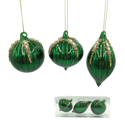 Bauble Pack, 3 Asst, Emerald Green with Gold Beading