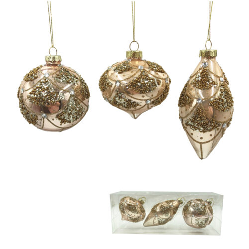 Bauble Pack, 3 Asst , Coral  with Gold Detail