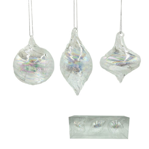 Bauble Pack, 3 Asst, Clear Iridescent