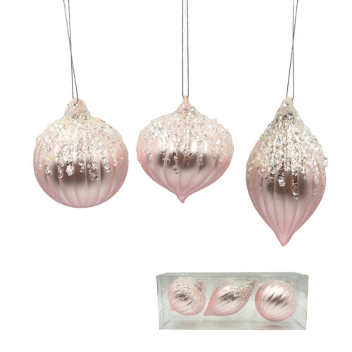 Bauble Pack, 3 Asst, Pink Frost