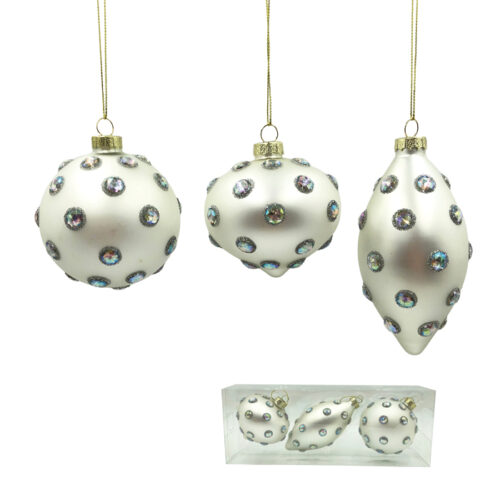 Bauble Pack, 3 Asst, Pearl White with Jewels