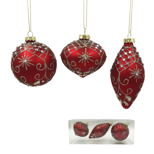 Bauble Pack, 3 Asst,  Red with Jewel