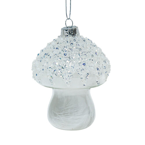 Mushroom Hanging Ornament Clear with White Feather