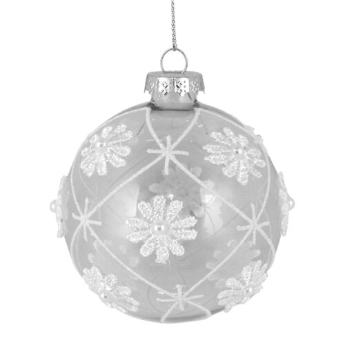 Bauble, Clear Glass with White Flower Motif