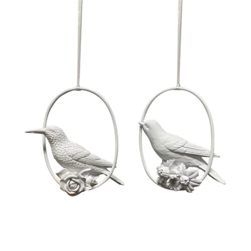 Bird on Ring Hanging Ornament White 2 Asst