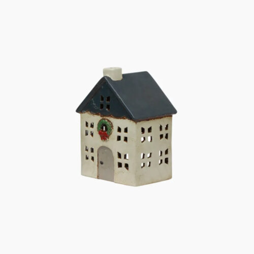 Christmas Tea Light House Blue with Wreath Small