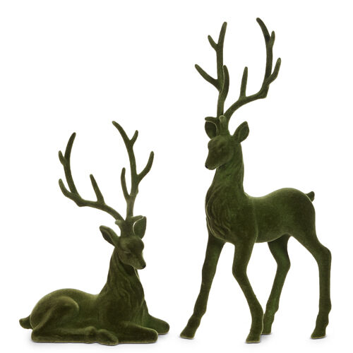 Holly & Pine, Flocked Green Deer, Set 2