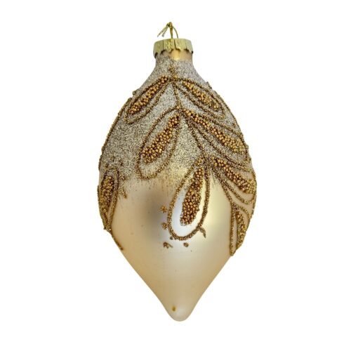 Bauble - Champagne with Gold Beaded Leaf Drop