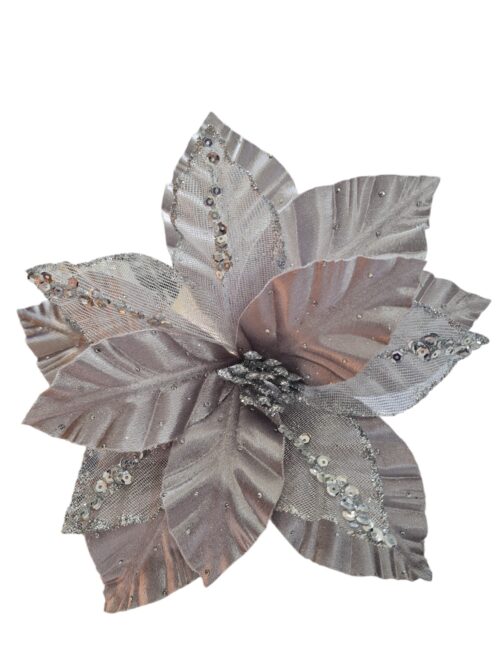 Poinsettia Clip On - Silver Ribbed with Diamonte