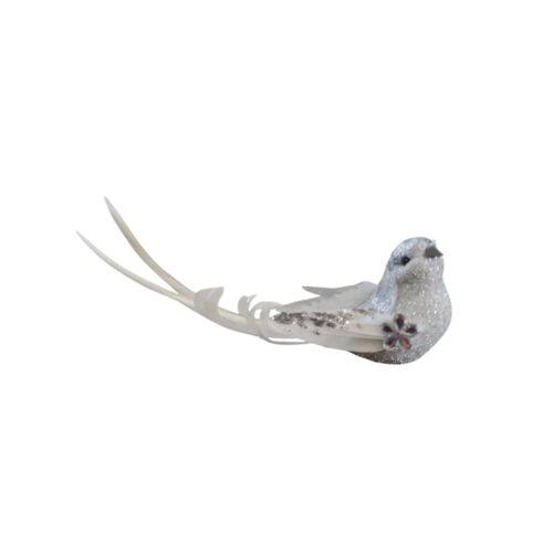 Bird Clip On - Silver Jewel Flower White Tail