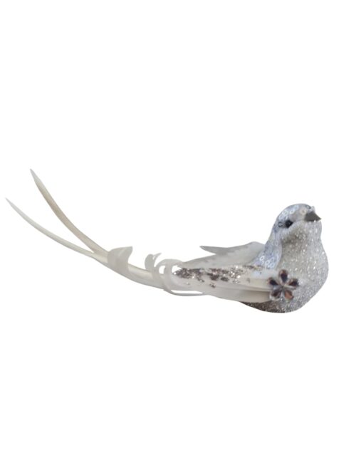 Bird Clip On - Silver Jewel Flower White Tail