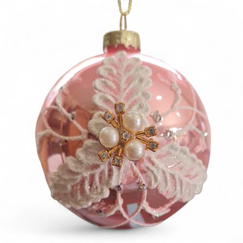 Bauble Pink with White Holly & Pearl
