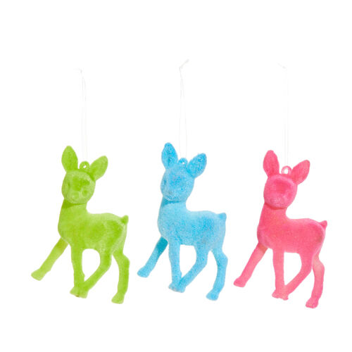 Neon Noel, Flocked Deer Ornament, 3 Ast
