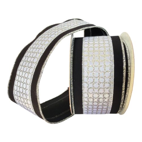 Ribbon:  Black with Silver Centre with Glitter Silver Circles, Wired