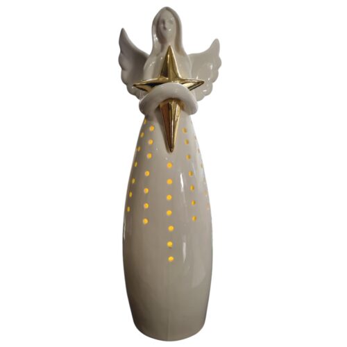 LED Ceramic Angel Holding Gold Cross