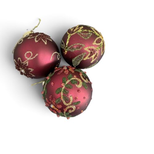 Bauble - Matt Burgundy with Floral, 3 Ast