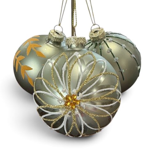 Bauble-Matt Light Green With Floral, 3 Ast