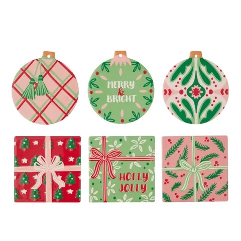 Ceramic Coasters, Holly Jolly, 6 Ast