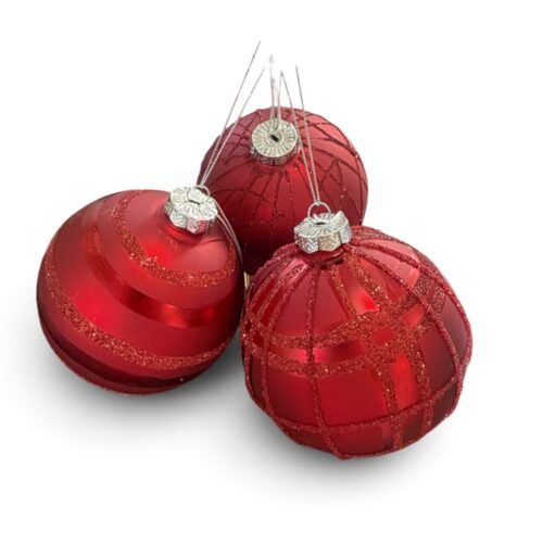 Bauble-Matt Red Glitter Swirl, 3 Asst