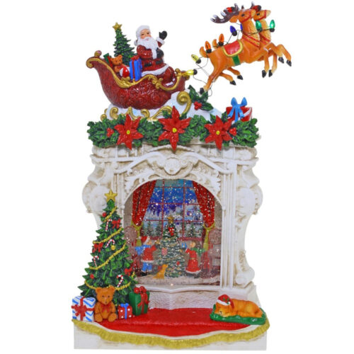 LED Glitter Globe Fireplace Santa with Reindeer
