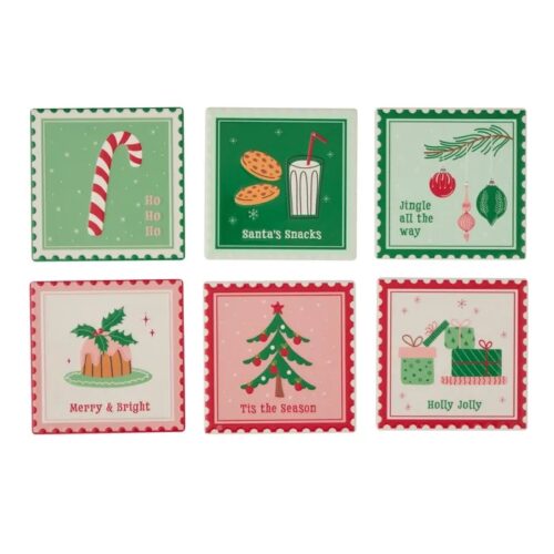 Ceramic Coasters, Christmas Stamp, 6 Asst