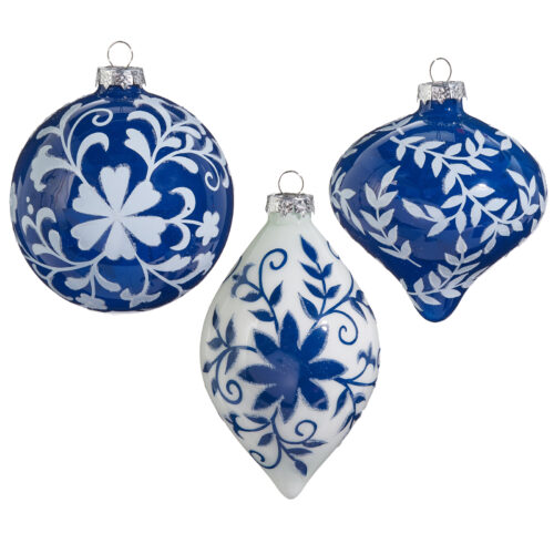 Bauble- Home Holidays, Blue/White Floral,  3 Ast, HO