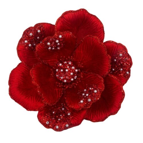 Magnolia Clip On - Beaded Petal Red