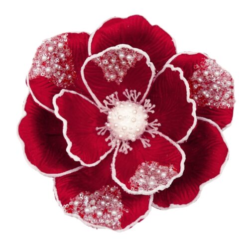 Magnolia  Clip On - Beaded Petal Red/White