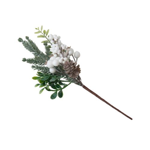White Berry with Leaves Pick Medium