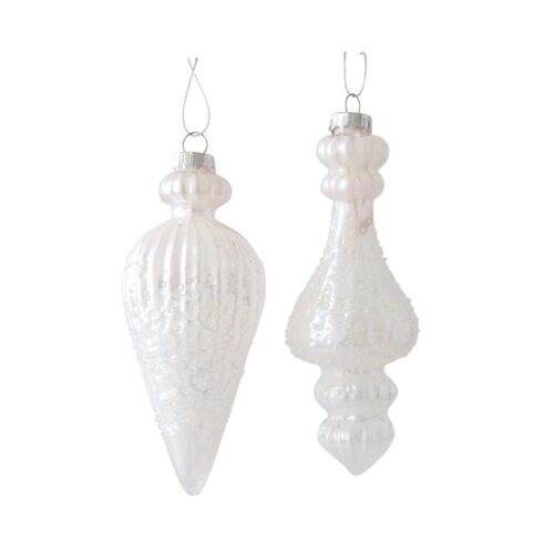 Finial Ribbed Hanging Ornament White Pearl 2 Asst