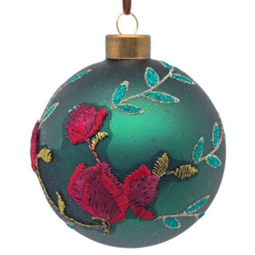 Bauble - Green with Red Rose Round