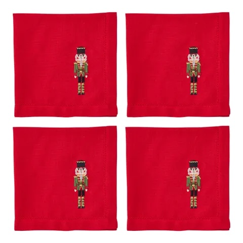 Napkins- Set 4, Embroided Nutcracker, Red