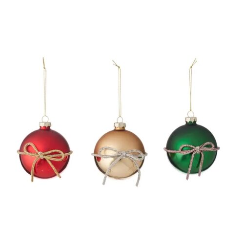 Bauble- Bow Wrapped, 3 Asst, 8cm
