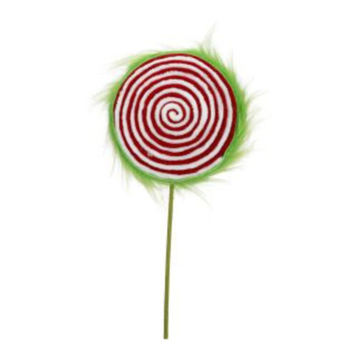 Fluffy Green with Red & White Swirl Lollipop Pick
