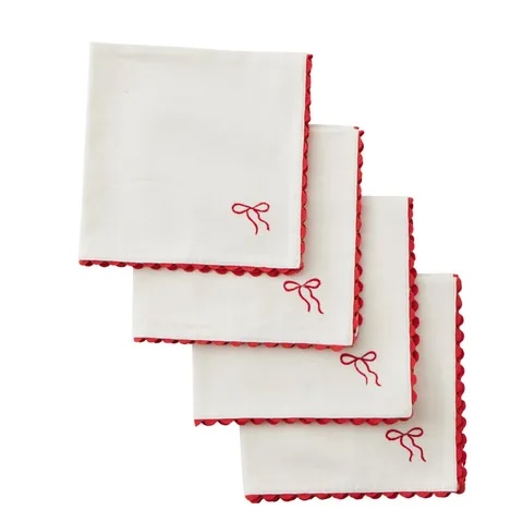 Napkins- Set 4, Embroided Bow/Ric Rac Border